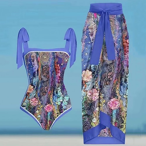 

Damen Badeanzug Ein Stück Strand unten Normal Bademode 2 Teile Print Blumen Blau Bodysuit Badeanzüge Sport Strandbekleidung Sommer