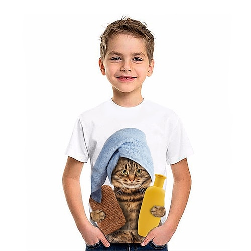 

Børn Drenge T-shirt T-shirt Kat Kortærmet Børne Top udendørs 3D-udskrivning Sej Daglig Sommer Sort 4-12 år