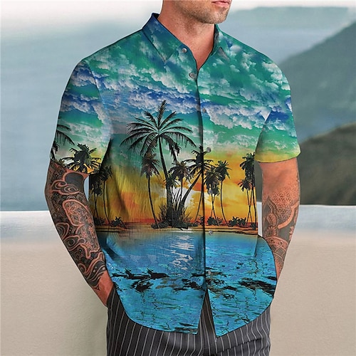 

Homme Chemise Chemise hawaïenne Cocotier Imprimés Photos Col rabattu Bleu Vert Plein Air Casual Manches courtes Bouton bas Imprimer Vêtement Tenue Rétro Vintage Mode Vêtement de rue Design