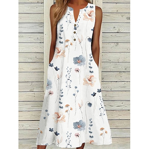 

Women's Polyester Tank Dress Floral Button Pocket V Neck Midi Dress Daily Vacation Sleeveless Summer Spring