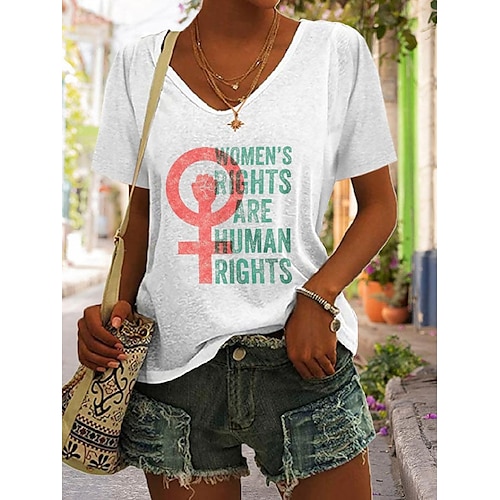 

T shirt Tee Femme Blanche Lettre Texte Imprimer Manche Courte du quotidien Fin de semaine basique Col V Normal Standard Peinture S