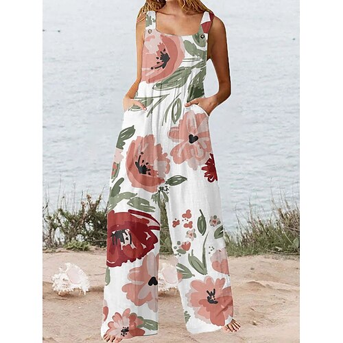 

Women's Jumpsuit Pocket Floral U Neck Streetwear Daily Vacation Regular Fit Strap Pink Red Khaki S M L Summer