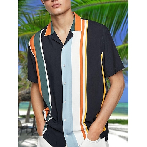 

Herren Hemd Hawaiihemd Sommerhemd Gestreift Grafik-Drucke Kubanisches Halsband Schwarz Casual Hawaiianisch Kurzarm Button-Down Bedruckt Bekleidung Sport Modisch Strassenmode Designer