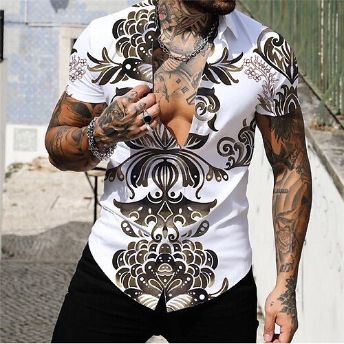 

Herren Hemd Hawaiihemd Sommerhemd Blumen Grafik-Drucke Ketten drucken Umlegekragen Schwarz Weiß Gelb Blau Gold Strasse Casual Kurze Ärmel Button-Down Bedruckt Bekleidung Vintage Modisch Strassenmode