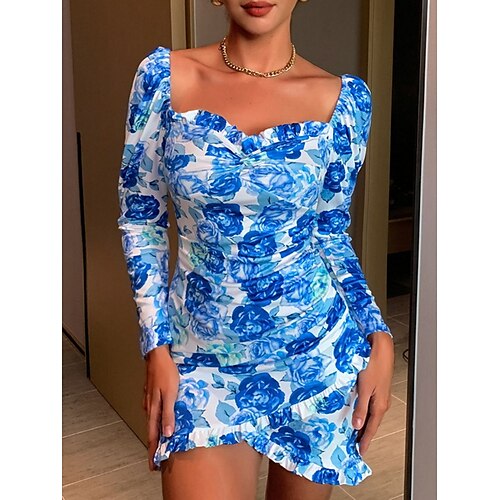 

Per donna Vestito da festa Aderente Vestito tubino Mini abito Blu Manica lunga Fiore decorativo Increspato Estate Primavera Autunno Squadrata Festa Invitati del matrimonio Da mare Abito autunnale 2023