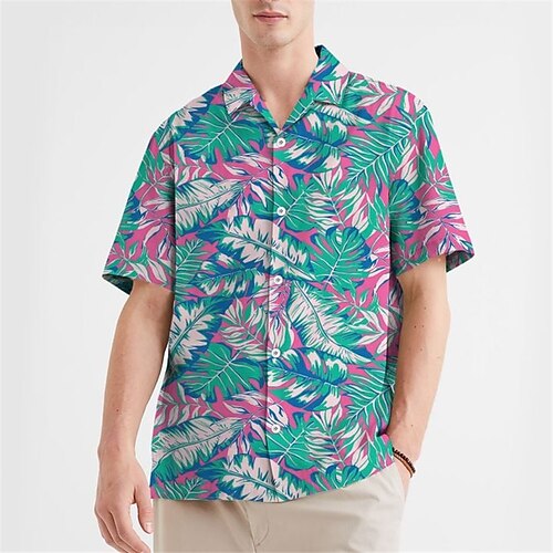 

Hombre Camisa camisa hawaiana Estampados Hojas Collar Cubano Azul Piscina Casual Festivos Manga Corta Abotonar Estampado Ropa Deportes Moda Ropa de calle Design