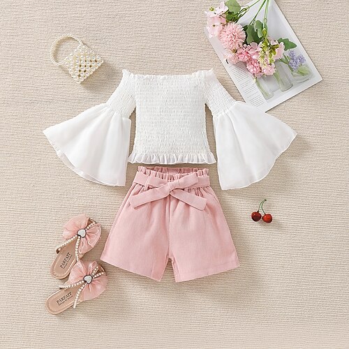 

2 pezzi Bambino Da ragazza Tinta unica Senza spalline Camicia e pantaloncini Impostato Manica lunga Di tendenza Esterno Cotone 3-7 anni Estate Bianco