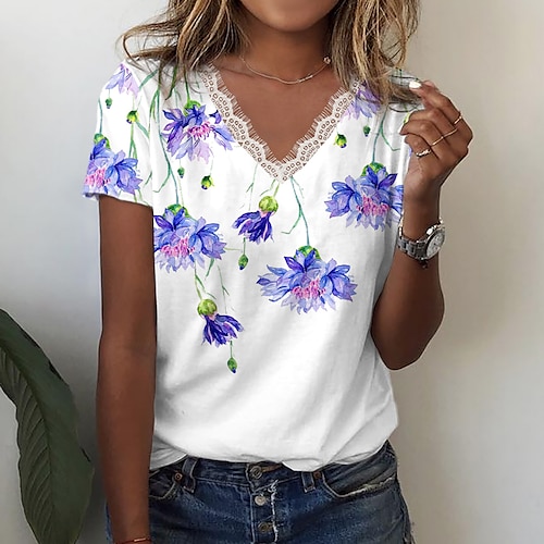 

Damen T Shirt Weiße Ötenoberteile Rosa Blau Purpur Blumen Spitzenbesatz Bedruckt Kurzarm Festtage Wochenende Basic V Ausschnitt Standard Blume Farbe S