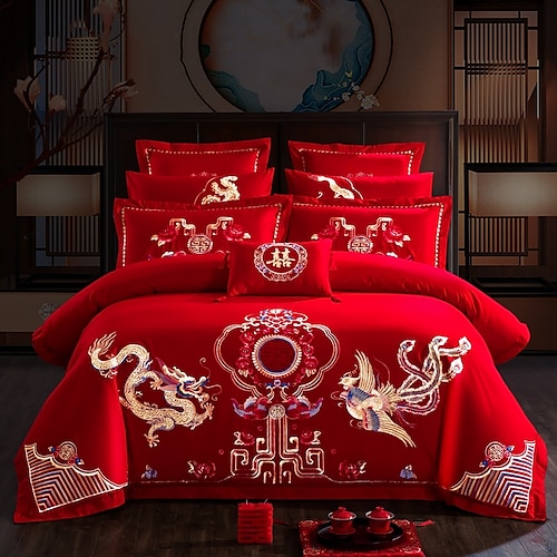 

Conjunto de quatro peças de casamento macio e confortável grande algodão vermelho bordado de algodão puro roupa de cama casamento festivo