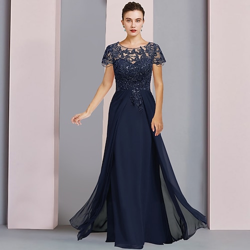 

A tubino Abito da cerimonia per signora Formale Lussuoso Elegante Girocollo Lungo Chiffon Di pizzo Manica corta con Lustrini Con applique 2023
