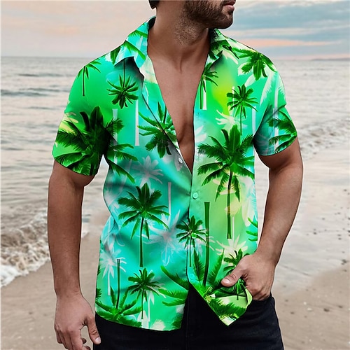 

Homens Camisa Social Camisa havaiana Coqueiro Estampas Abstratas Aberto para a Lateral Verde Claro Verde Ao ar livre Rua Manga Curta Imprimir Roupa Moda Roupa de rua Designer Macia