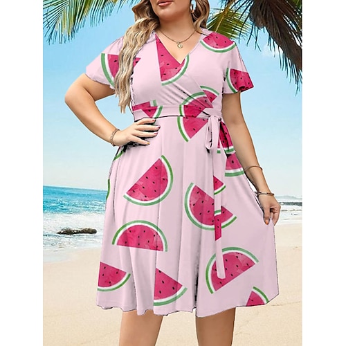 

Per donna Plus Size Abito casual Frutta Vestito longuette Manica corta Stampa A V Romantico Appuntamento Rosa Estate Primavera L XL XXL 3XL 4XL