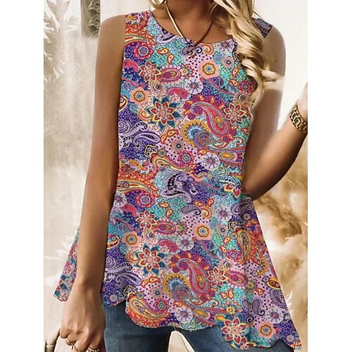 

Women's Tank Top Rainbow Paisley Asymmetric Print Sleeveless Casual Basic Round Neck Regular S