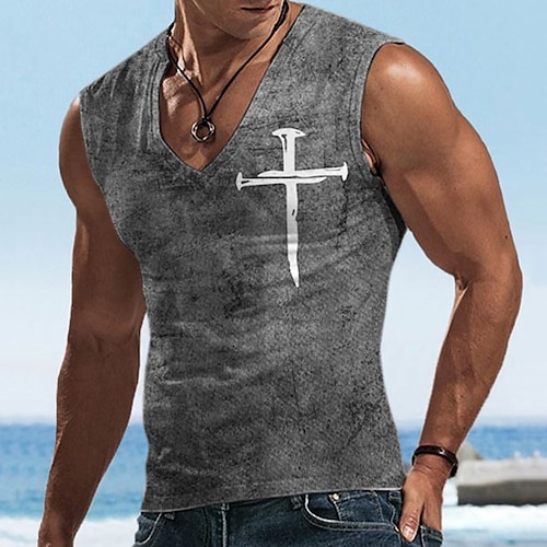 

Herre Vest Top Ærmeløs T-shirt til mænd Grafisk Kors Tro V-hals Tøj 3D-udskrivning Sport Løb Uden ærmer 3D-udskrivning Designer Afslappet Muskel