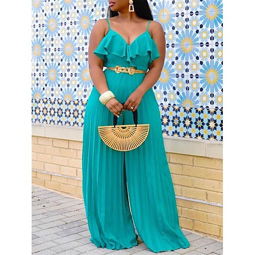 

Damen Jumpsuit Gefaltet Rüsche Feste Farbe V Ausschnitt Strassenmode Brautkleider schlicht Täglich Ausgehen Lockere Passform Spaghettiträger Blau L XL XXL 3XL Sommer