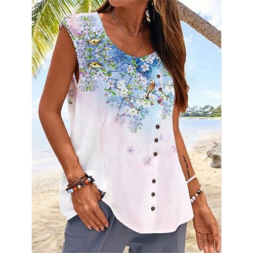 

Mujer Camiseta sin mangas Blanco Azul Piscina Graphic Floral Botón Estampado Sin Mangas Casual Básico Escote Redondo Regular Flor S