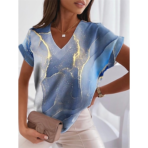 

T shirt Tee Femme Blanche Bleu Graphic Plume Imprimer Manche Courte du quotidien Fin de semaine basique Col V Normal Standard Abstrait Peinture S