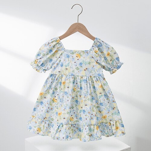 

Bambino Da ragazza Vestito floreale Fiore decorativo Abito linea A Sopra il ginocchio Vestito Prestazioni Mezza zip Manica corta Attivo Vestito 3-6 anni Estate Blu
