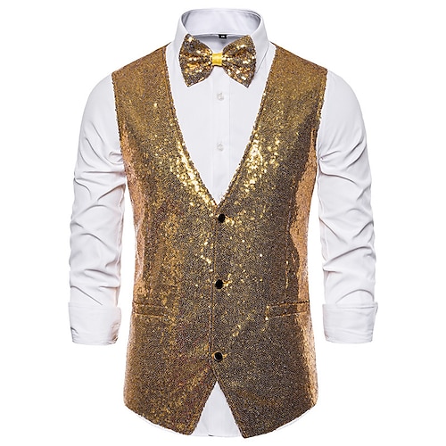 

Men's Classic Vest Sequin Tailored Fit V Neck Single Breasted Three-buttons Silver Black Burgundy 2024