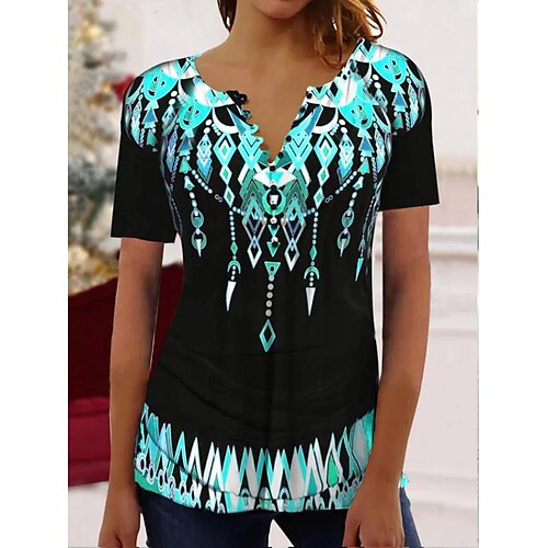 

Women's T shirt Tee Blue Geometric Button Print Short Sleeve Daily Weekend Tunic Basic Round Neck Regular Geometric Painting S