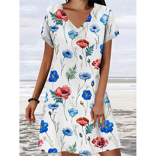 

Dame Uformell kjole Sommerkjole Print kjole Grafisk Blomstret Trykt mønster V-hals Mini kjole Mote Moderne Daglig Ferie Kortermet Løstsittende Hvit Sommer Vår S M L XL XXL