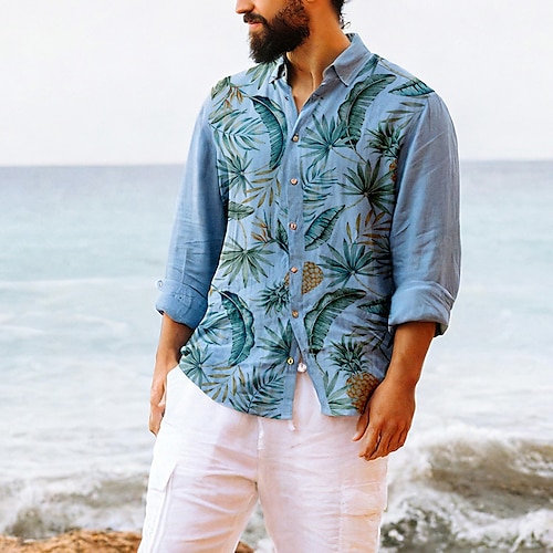 

Per uomo camicia di lino Camicia estiva Camicia da spiaggia Bianco Blu Cachi Manica lunga Ananas Collo ripiegabile Primavera estate Informale Giornaliero Abbigliamento Stampa