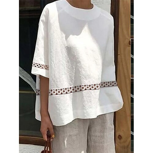 

Women's Shirt Blouse White Eyelet Tops White Plain Lace Half Sleeve Casual Weekend Basic Round Neck Regular S