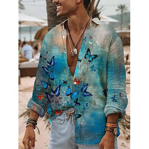 

Homens Camisa Social Borboleta Estampas Abstratas Aberto para a Lateral Azul Ao ar livre Rua Manga Longa Botão para baixo Imprimir Roupa Moda Roupa de rua Designer Macia