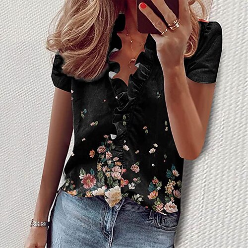 

Damen Hemd Bluse Schwarz Weiß Rosa Graphic Blumen Rüsche Bedruckt Kurzarm Casual Festtage Basic V Ausschnitt Standard Blume S