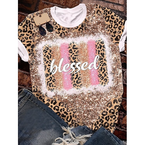 

Women's T shirt Tee Black Pink Light Brown Leopard Print Short Sleeve Daily Basic Round Neck Regular Painting S