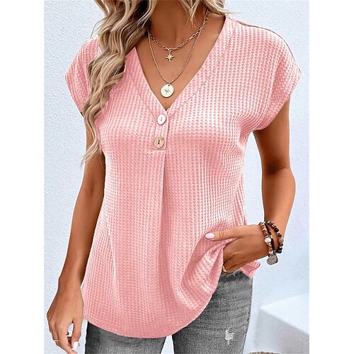 

Damen T Shirt Weiß Rosa Grau Glatt Kurzarm Täglich Wochenende Basic V Ausschnitt Standard S