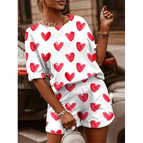 

Dame lounge Sett Leopard Hjerte Mote Fritid Gate Stevnemøte Flyplass Polyester Pustende Crew-hals Kortermet T skjorte Shorts Sommer Vår Hvit Gul