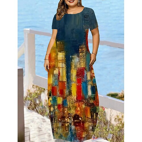 

kvinders plus size afslappet sweater kjole grafisk abstrakt lang sweater kjole maxi sweater kjole ærmeløs lommeprint rund hals mode dagligt hvid blå sommer forår l xl xxl 3xl 4xl