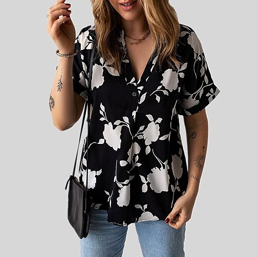 

Women's Shirt Black White Graphic Print Short Sleeve Work Casual Elegant V Neck S