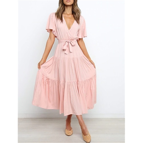 

Per donna Abito lungo Abito lungo Abito casual Prendisole Abito linea A Liscio Di tendenza Romantico Per eventi Appuntamento Da mare Lacci Con balze Manica corta A V Vestito Standard Nero Rosa Rosso