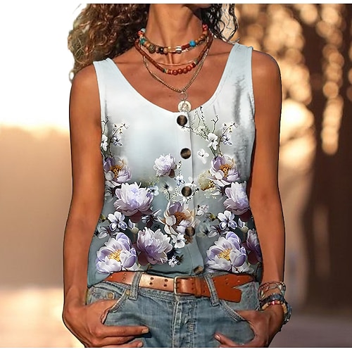 

Damen Tank Top Purpur Grün Blumen Taste Bedruckt Ärmellos Festtage Wochenende Basic U-Ausschnitt Standard Blume S