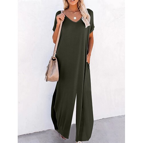 

Damen Jumpsuit Tasche Feste Farbe V Ausschnitt Strassenmode Brautkleider schlicht Täglich Urlaub Regular Fit Kurzarm Schwarz Armeegrün Marineblau S M L XL Sommer