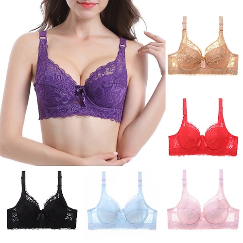 Women's Push Up Bras 3/4 Cup Lace Pure Color Hook & Eye Daily