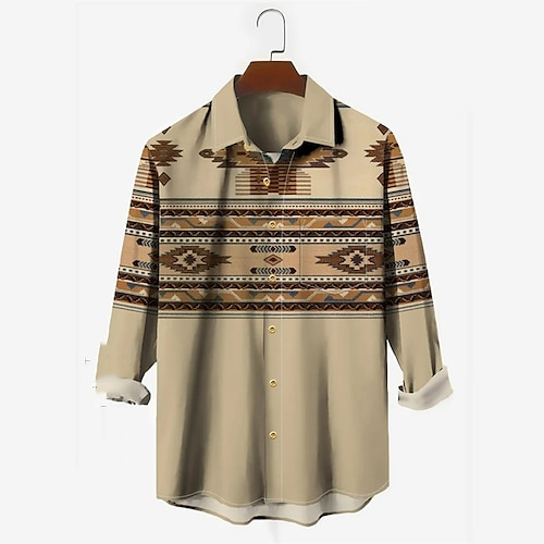 

Homens Camisa Social Tribal Estampas Abstratas Vintage Geometria Aberto para a Lateral Cáqui Ao ar livre Rua Manga Longa Botão para baixo Imprimir Roupa Moda Roupa de rua Designer Macia