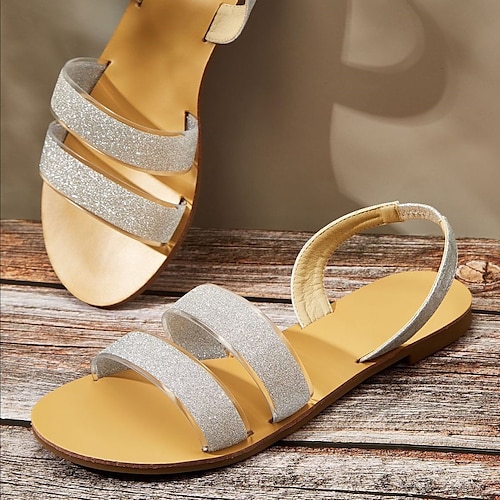 

Mujer Sandalias Playa de Boho Bohemia Diario Playa Tacón Plano Casual Clásico Minimalismo Cuero Sintético Mocasín Plata Champaña