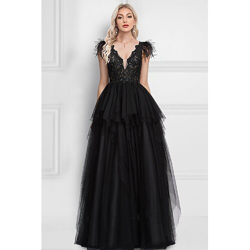 

Linea-A Abiti da ballo Nero Vestito Ricevimento di matrimonio Lungo Senza maniche A V Tulle con Piume Con applique 2023