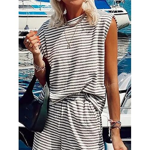 

Dame Loungewear Sæt Stribe Afslappet Komfort Blødt Hjem Daglig Ferierejse Polyester Åndbart Rund hals Uden ærmer Shorts Elastisk Talje Sommer Forår Sort