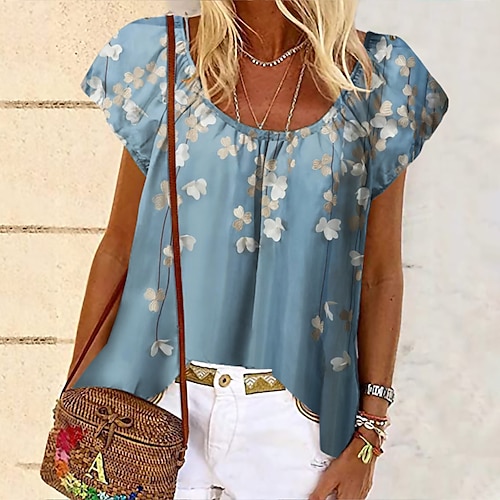 

Damen T Shirt Blau Blumen Bedruckt Kurzarm Festtage Wochenende Basic Rundhalsausschnitt Standard Blume Farbe S