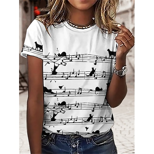 

T shirt Tee Femme Blanche Musique Imprimer Manche Courte du quotidien Fin de semaine basique Col Rond Normal Standard Peinture S