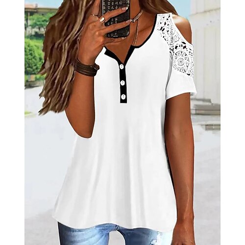 

Per donna Camicia Blusa Bianco Liscio Pizzo Pulsante Manica corta Informale Essenziale A V Standard S