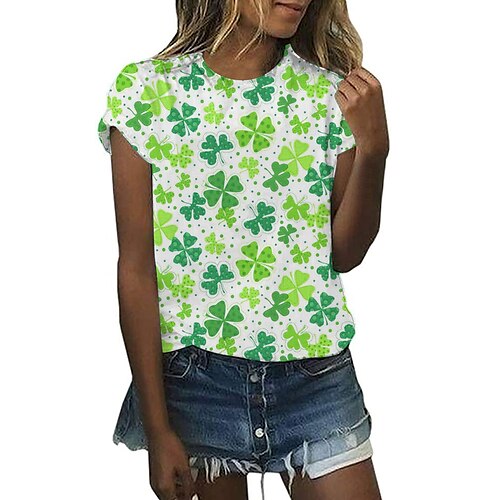 

Mulheres Camiseta Verde Verde Claro Verde Tropa Folha Dia de São Patrício Imprimir Manga Longa Feriado Final de semana Decote Redondo Padrão Tema Flores Pintura S