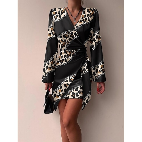 

Per donna Abito da ospite di nozze Vestito da festa Vestito tubino Mini abito Nero Manica lunga Leopardo Collage Estate Primavera Autunno A V Festa Ufficio Invitati del matrimonio Da mare 2023 S M L