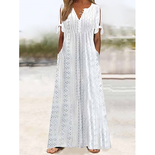 

Women's Long Dress Maxi Dress Casual Dress White Eyelet Dress Summer Dress Plain Fashion Modern Outdoor Daily Vacation Hollow Out Pocket Cold Shoulder Short Sleeve V Neck White Spring S M L XL XXL