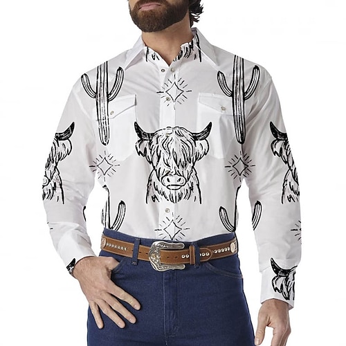 

Homme Chemise Chemise Western Cactus Imprimés Photos Vache Col rabattu Noir Extérieur Plein Air manche longue Bouton bas Imprimer Vêtement Tenue Mode Design Décontractées style occidental