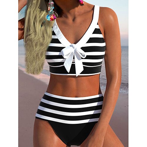 Women's Swimwear Bikini Normal Swimsuit 2 Piece Printing Striped Black Bathing Suits Sports Beach Wear Summer, lightinthebox  - buy with discount